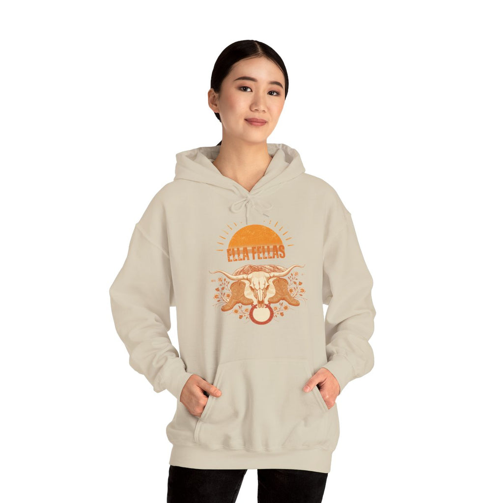 Woman wearing the Ella Fellas Longhorn Sunburst hoodie