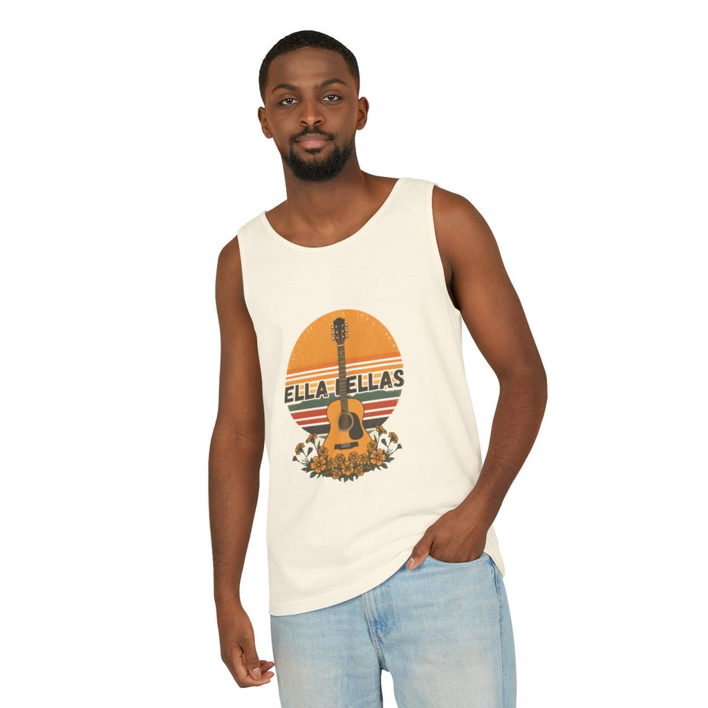 Man wearing the Ella Fellas Guitar Sunset tank top